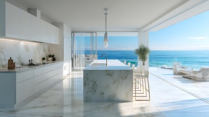 Aufkleber - Modern kitchen interior with natural light and minimalist design overlooking the ocean