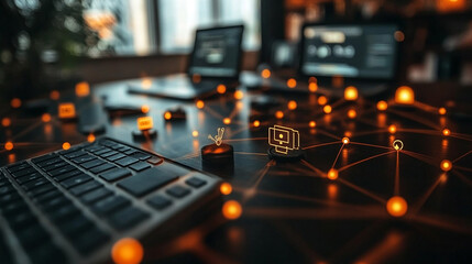 Network visualization on office desk with laptops in background
