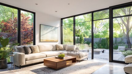 Poster - Modern living area with large windows overlooking a serene backyard garden in the afternoon light