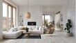 © CreativeCreations - Modern living room design with light colors and natural elements in a bright, airy setting