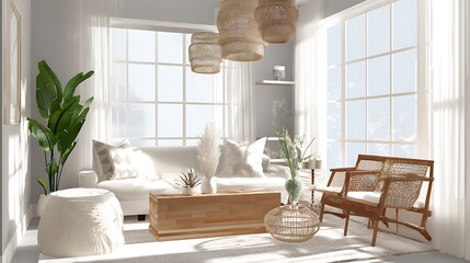 Poster - Modern living room design with light colors and natural elements in a bright, airy setting