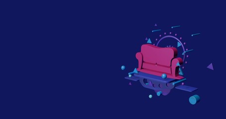 Poster - Pink sofa symbol on a pedestal of abstract geometric shapes floating in the air. Abstract concept art with flying shapes on the right. 3d illustration on indigo background