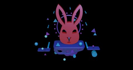 Poster - Red cute hare head symbol on a pedestal of abstract geometric shapes floating in the air. Abstract concept art with flying shapes in the center. 3d illustration on black background
