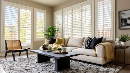 Poster - Modern living room with a beige sofa, black accents, and natural light streaming through white plantation shutters