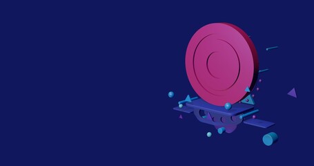 Poster - Pink checker game symbol on a pedestal of abstract geometric shapes floating in the air. Abstract concept art with flying shapes on the right. 3d illustration on indigo background