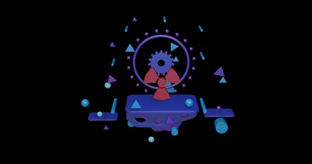 Poster - Red radiation symbol on a pedestal of abstract geometric shapes floating in the air. Abstract concept art with flying shapes in the center. 3d illustration on black background