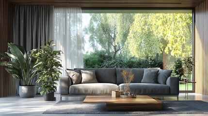 Poster - Modern living room with gray couch and natural decor showcasing bright greenery outside