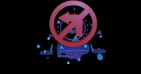 Poster - Red no left turn sign on a pedestal of abstract geometric shapes floating in the air. Abstract concept art with flying shapes in the center. 3d illustration on black background