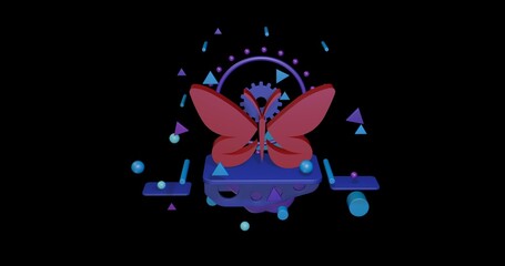 Poster - Red butterfly symbol on a pedestal of abstract geometric shapes floating in the air. Abstract concept art with flying shapes in the center. 3d illustration on black background