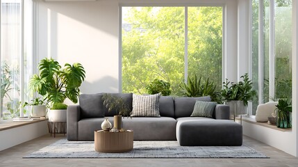 Poster - Modern living room with gray couch and natural decor showcasing bright greenery outside