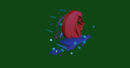 Poster - Red lion head icon on a pedestal of abstract geometric shapes floating in the air. Abstract concept art with flying shapes in the center. 3d illustration on green background