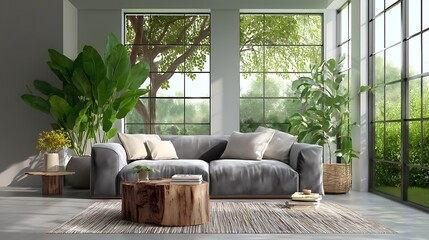 Poster - Modern living room with gray couch and natural decor showcasing bright greenery outside
