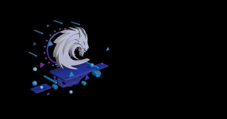 Poster - White dragon's head symbol on a pedestal of abstract geometric shapes floating in the air. Abstract concept art with flying shapes on the left. 3d illustration on black background