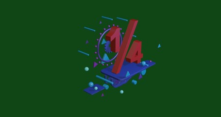 Poster - Red quarter fraction symbol on a pedestal of abstract geometric shapes floating in the air. Abstract concept art with flying shapes in the center. 3d illustration on green background