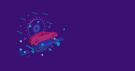 Poster - Pink car symbol on a pedestal of abstract geometric shapes floating in the air. Abstract concept art with flying shapes on the left. 3d illustration on deep purple background