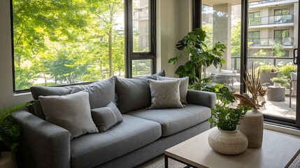 Aufkleber - Modern living room with gray couch and natural decor showcasing bright greenery outside
