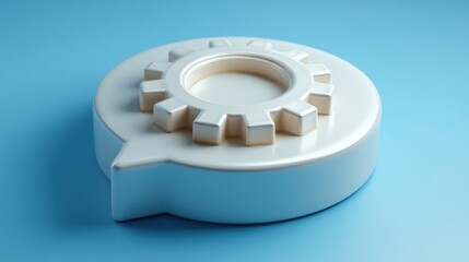 Poster - A white plastic gear inside a chat bubble representing support and automation in communication and technology design