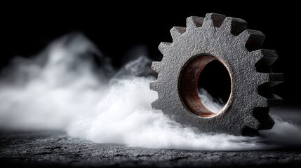 Poster - mysterious gear wheel shrouded in smoke creating a dramatic scene symbolizing power and industrial s