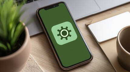 Poster - phone with green icon and gear symbol orbiting around mobile app representing modern application des