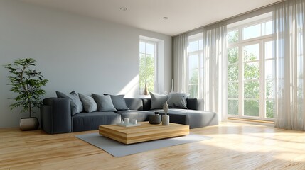 Poster - modern minimalist living room with a grey sofa and wooden base on light hardwood flooring