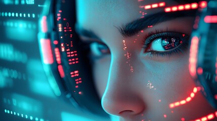 Poster - Close Up of Woman's Face with Futuristic Digital Interface Overlay
