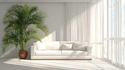 Poster - Modern minimalist living room with a white sofa and a potted palm in natural light