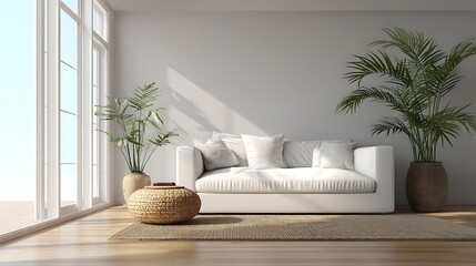 Poster - Modern minimalist living room with a white sofa and a potted palm in natural light
