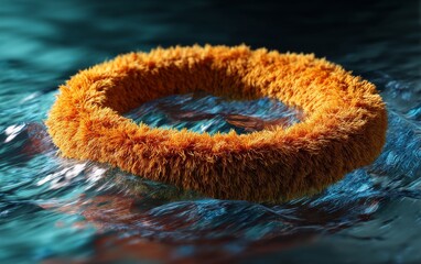 Poster - 3D Rendered Furry Orange Circular Plush Bagel Floating on Water with Blue Waves in Minimalist Style