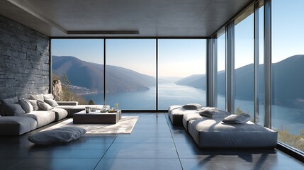 Poster - Modern minimalist style, high, end gray aluminum window frames with large glass windows overlooking the lake and mountains outside the house
