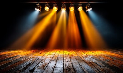 Poster - Stage Lights Shining Down on Empty Background with Golden Lights and Wooden Floors