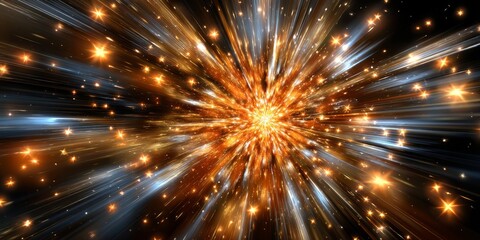 Poster - Abstract Background with Golden Rays of Light and Stars on Black Background