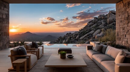 Aufkleber - Modern outdoor living area with expansive views in a serene desert landscape at sunset