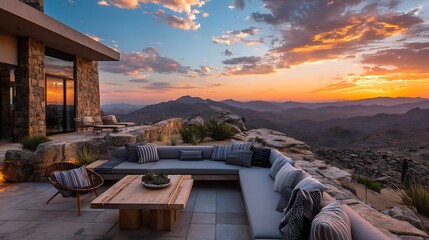 Poster - modern outdoor living area with expansive views in a serene desert landscape at sunset