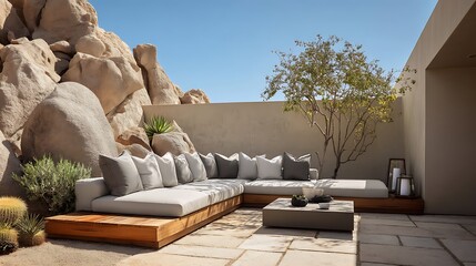 Poster - Modern outdoor lounge area with sectional sofa in a desert residence on a sunny day