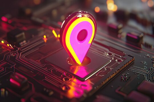 Digital location marker on circuit board.  Bright neon pink and yellow graphic pin. High-tech design