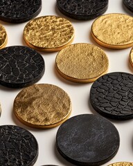 Poster - Gold and Black Textured Round Tokens on White Background