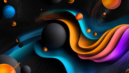 Poster - Vibrant cosmic abstract background with colorful wave patterns and floating planets, dreamy nebula effect in space