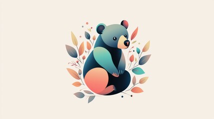 Poster - A gentle bear cub made of rounded cubist shapes in soft pastels, set against a cream background