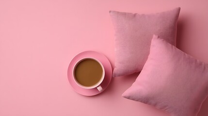 Poster - Pink pillows and coffee with space for text, flat lay view
