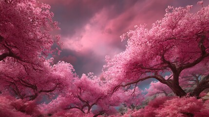 Poster - Pink beautiful cherry blossom trees, pink dynamic sky, fantasy