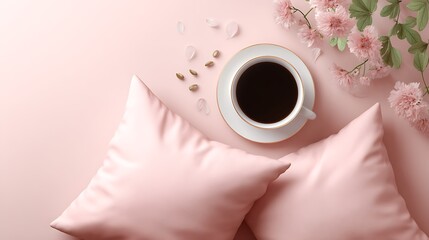 Poster - Pink pillows and coffee with space for text, flat lay view