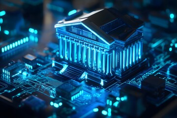 Poster - Digital transformation concept showing classical building on a circuit board in blue futuristic tones