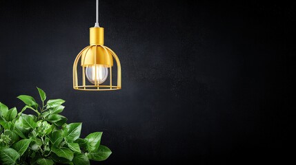 Poster - Brass pendant light with an industrial cage frame hanging in open space
