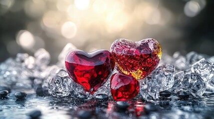 Poster - Heart-shaped decorations on ice romantic setting nature photography tranquil environment close-up perspective