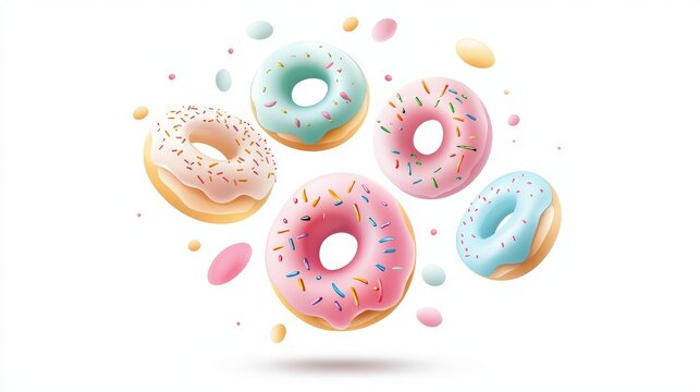 Circle of colorful minimalist doughnuts, floating style on white
