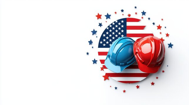 Circular Labor Day sticker with n flag elements and hard hat icon