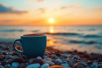 Wall Mural - Enjoying a warm coffee cup on the beach as the sun rises over the calm sea, Coffee cup on the shore with rising sun in the background Serenity and morning calm concept