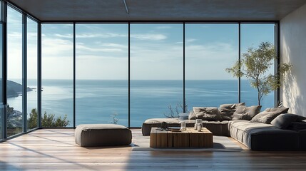 Poster - Relaxing interior view of a modern living room overlooking a tranquil ocean landscape in daylight