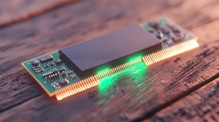 Poster - Green Illuminated RAM Module on Dark Wooden Surface