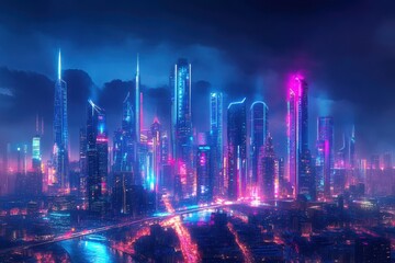 Poster - futuristic cityscape illuminated by vibrant neon lights at night, futuristic cityscape with neon lig